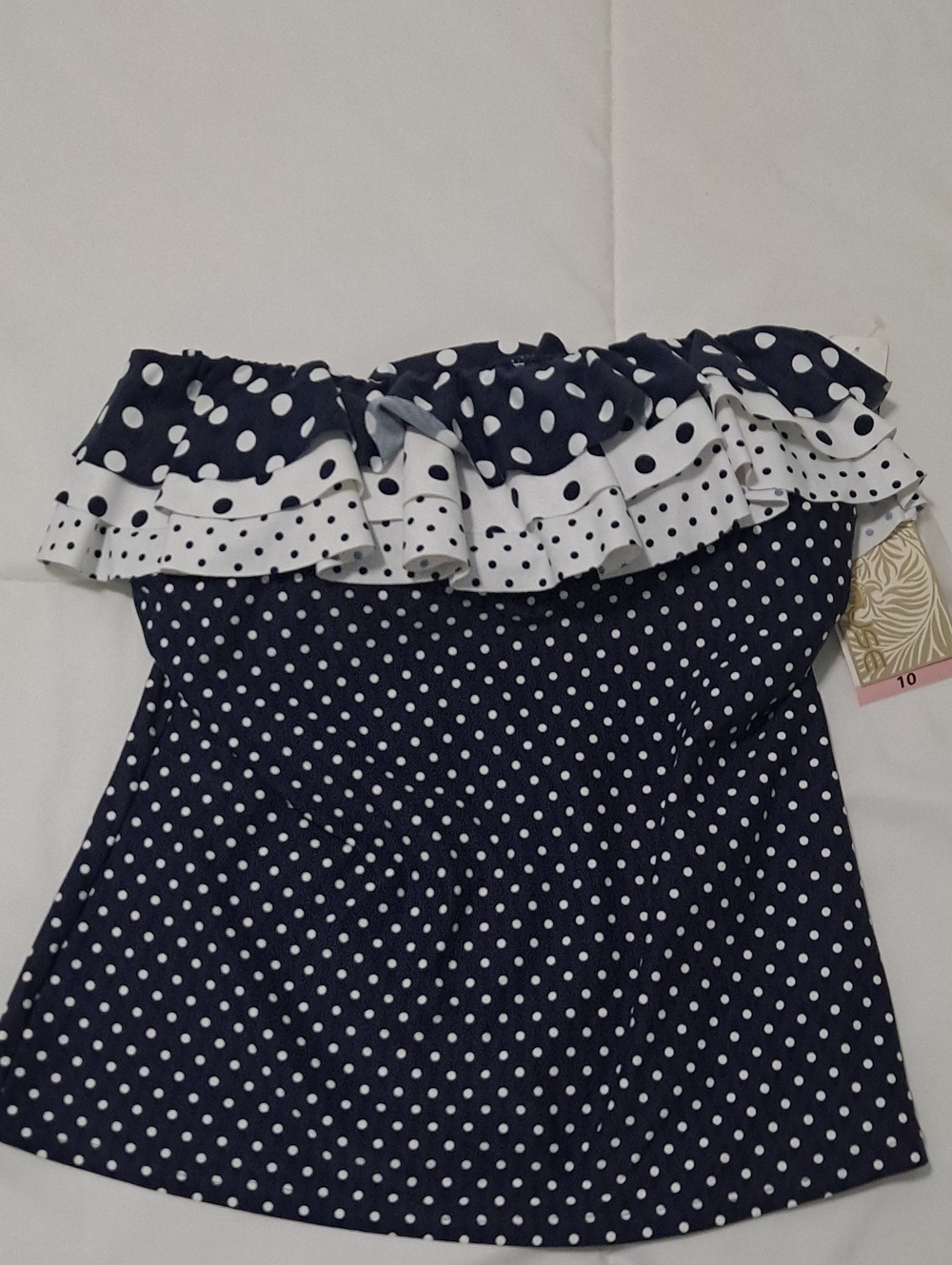 Beach House Navy and White Polka Dot Ruffle Swim Top